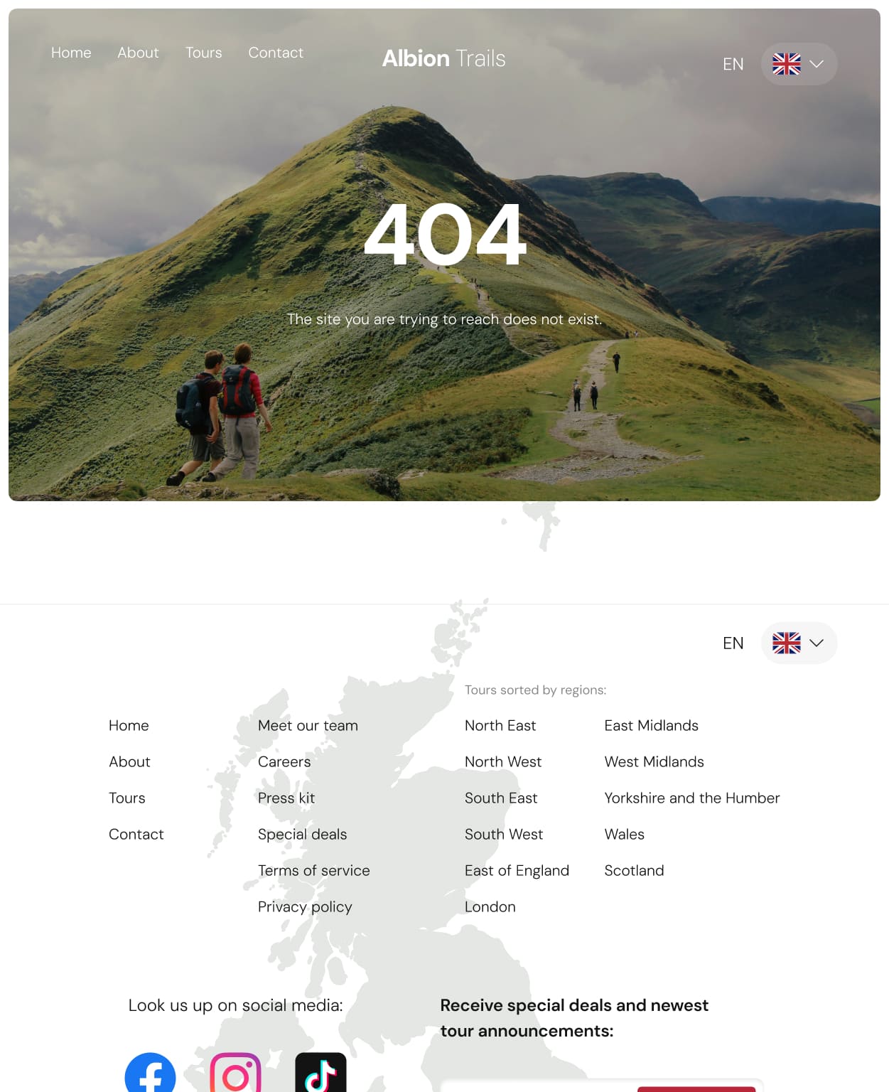 Homepage of a tour service site - tablet breakpoint. Two hikers walk a scenic trail on a lush, green hillside. Text reads - Rediscover England, One Trail at a Time. 404 error information is displayed.